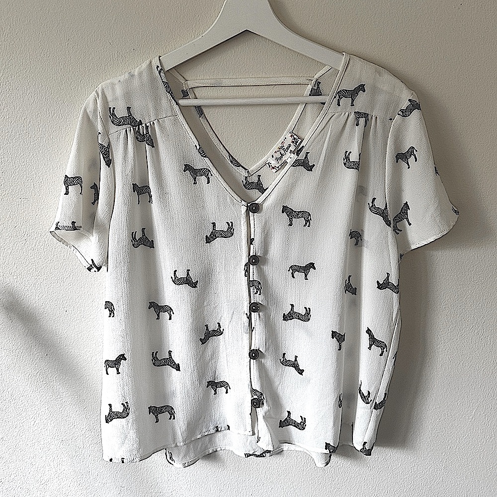 Zebra Blouse | Short Sleeve Button Down Top | white black shirt